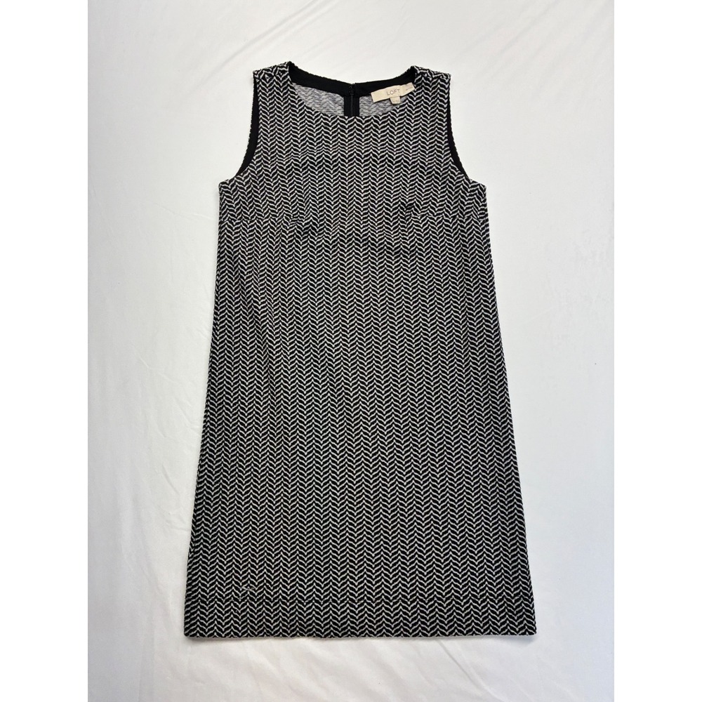 Loft Workwear Shift Dress Dark Academia Mod Chevron XXSP Black White Preppy